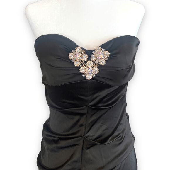 Vintage Cache Formal Black Formal Maxi Strapless Gown Rhinestone Brooch Sheer - Picture 4 of 11